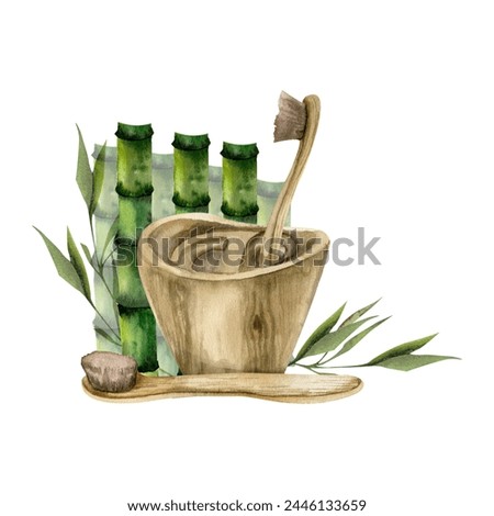 Body care composition with bamboo toothbrush, wooden brush cup, green bamboo sticks and leaves on background. Watercolor body care zero waste clip art. Bathroom product, packing design.