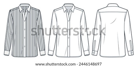 Striped Shirt technical fashion Illustration. Classic Shirt fashion flat technical drawing template, button, relaxed fit, front, back view, white, women, men, unisex CAD mockup set. Royalty-Free Stock Photo #2446148697