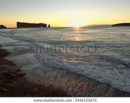 Perce Rock and the Gulf of St. Lawrence at sunrise, Perce, Gaspesie, Quebec, Canada, North America