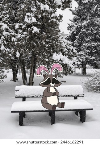 Easter Raccoon Bunny on the Bench. Trendy Collage Winter photo and Racoon illustration. Creative art can used social media poster banner card cover. Vertical photo for reels 