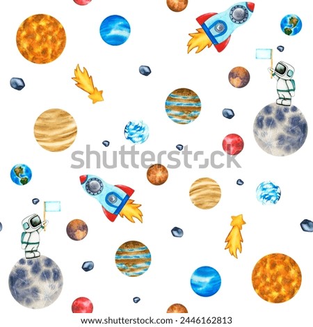 Seamless pattern galaxy with planets clip art. Cute Astronaut and rocket in space isolated on white background. Watercolor Illustration of outer space with stars.