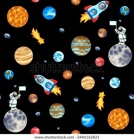Seamless pattern galaxy with planets clip art. Cute Astronaut and rocket in space isolated on black background. Watercolor Illustration of outer space with stars.