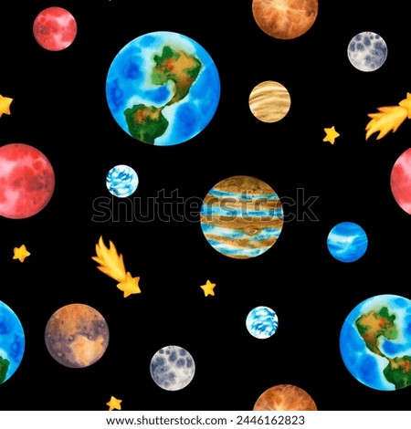 Seamless pattern galaxy with planets. Clip art solar system: sun, earth, moon, mercury, asteroid, jupiter, mars, saturn, venus, uranus in space. Watercolor Illustration of outer space with stars.