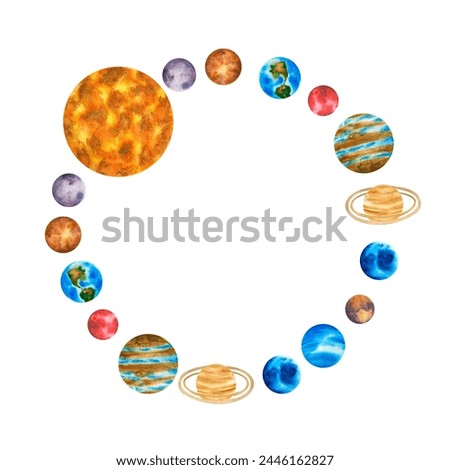Galaxy frame. Planets of the solar system. Illustration on background of outer space with stars. Planetarium clip art.