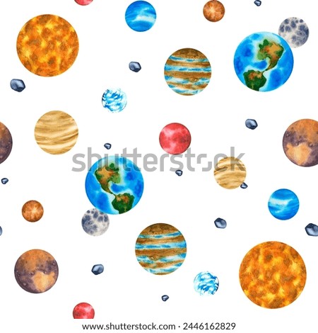 Seamless pattern galaxy with planets. Clip art solar system: sun, earth, moon, mercury, asteroid, jupiter, mars, saturn, venus, uranus in space. Watercolor Illustration of outer space with stars.