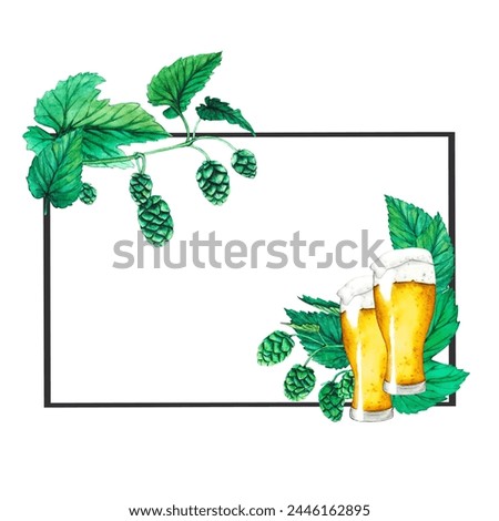 Glass of beer, hop and leaves. Fresh green hop. Watercolor hand drawn illustration for Octoberfest. Sketch on on a transparent background for ornament or any design Hop cones for making beer and brea