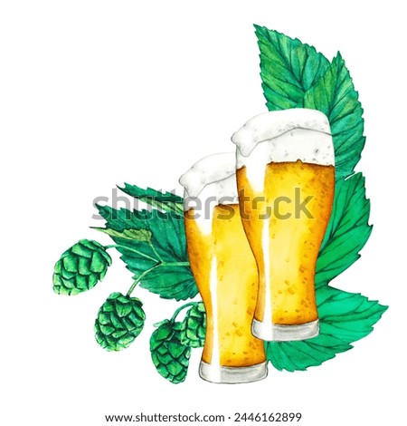 Glass of beer, hop and leaves. Fresh green hop. Watercolor hand drawn illustration for Octoberfest. Sketch on on a transparent background for ornament or any design. Hop cones for making beer and brea