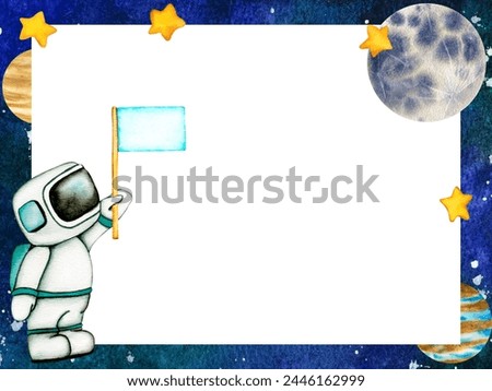 Frame Galaxy with Planets. Cute Astronaut and Moon in Space. Planetarium clip art. Watercolor Illustration of outer space with stars.