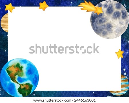 Frame Galaxy with Earth and Planets of our solar system. Moon in Space. Planetarium clip art. Watercolor Illustration of outer space with stars.