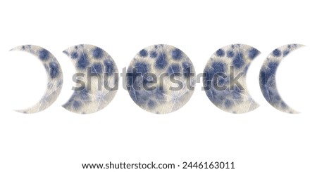 Watercolor illustrations lunar phases, crescent moon. Hand painted clip art grey Moon satellite of Earth. Space and outer space. Solar system clip art for banners.