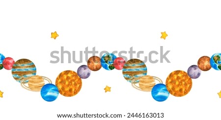 Galaxy seamless border. Planets of the solar system. Illustration on background of outer space with stars. Planetarium clip art.
