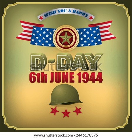 Normandy landings, American D-Day, celebration.
Holiday design, background with 3d texts, medal of honor and national flag colors for D-Day American event, celebration; Vector illustration