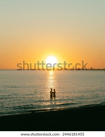 sun set on the beach with people subject propsal swimming and playing