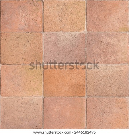 Old handmade terracotta tile flooring - Brick pavement seamless texture - High resolution image useful for rendering applications. Royalty-Free Stock Photo #2446182495