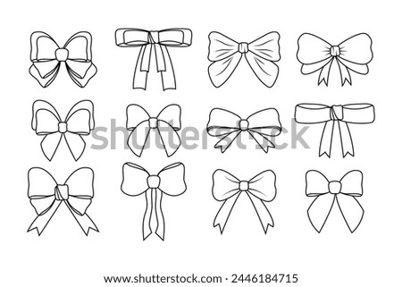 Collection of bows in hand drawn style. Item of decoration and wardrobe. Tie. Vector illustration. Doodle. A set of items for holiday and celebration. Isolated. White background. Knot. Gift bow