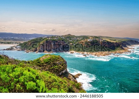 Knysna heads mountain village and the lagoon mouth from featherbed nature reserve, Knysna, Garden Route, South Africa.tif Royalty-Free Stock Photo #2446188505