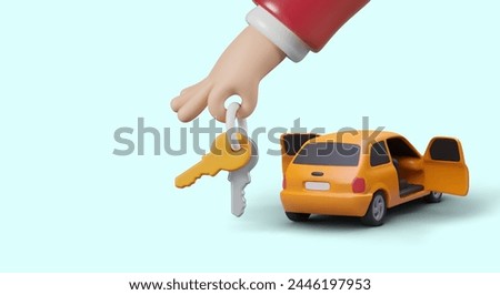 Realistic car with open door, hand holding keys. Concept of buying, selling, renting vehicle