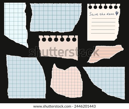 Set of torn paper, notebook sheets, old paper. Trendy elements for collage. Vector modern illustration on black background. Royalty-Free Stock Photo #2446201443