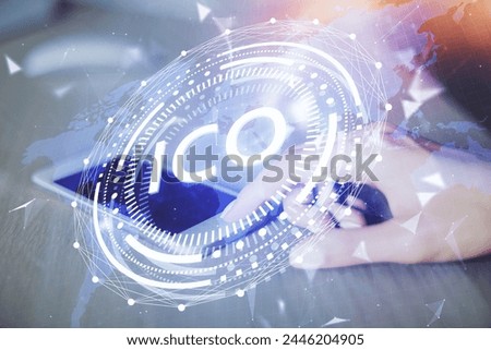Double exposure of blockchain business sketch hologram and woman holding and using a mobile device.