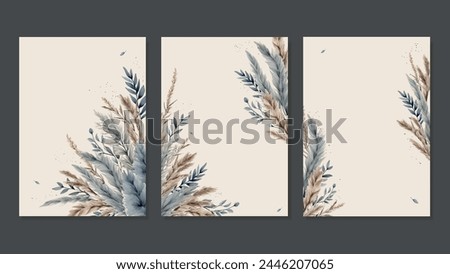 Postcards with watercolor painted grass, dry pampas grass in beige and blue colors No text. Backgrounds for Wedding Invitations in rustic and boho style. Vector Royalty-Free Stock Photo #2446207065