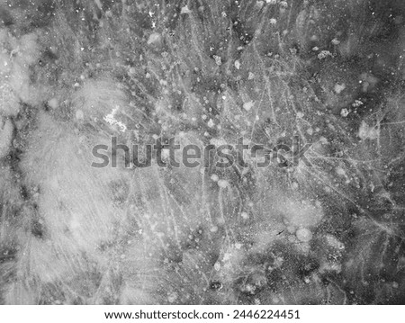 Black and white photograph, a close up of wild ice with air bubbles and cracks.