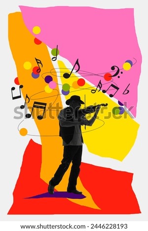Talented man, musician playing violin on white background with abstract colorful elements. Contemporary art collage. Concept of music festival, creativity, inspiration, art, event. Poster