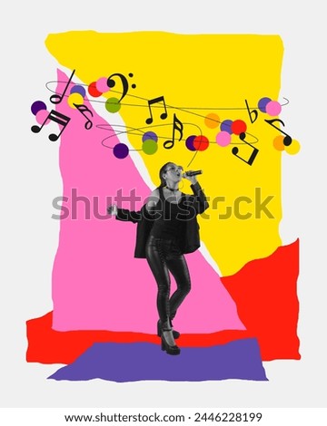 Monochrome image of young woman singing on white background with abstract colorful elements. Contemporary art collage. Concept of music festival, creativity, inspiration, art, event. Poster