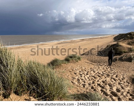 Man looking to ocean horizon beautiful sandy beach landscape grey stromy sky clouds and from grassy banks of sand dunes rolling waves on flat sea on Spring day in Winterton Norfolk East Anglia uk  Royalty-Free Stock Photo #2446233881