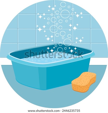 House cleaning service.  Round vector icon. Basin and sponge. Hand drawn illustration.