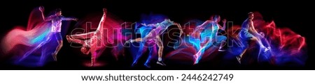Dynamic images of athletes of different sport in motion, training on black background in neon with mixed lights. Concept of sport, competition, tournament, action, dynamics. Banner