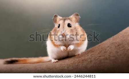A chubby hamster sits on its hind legs on top of a smooth, round rock.
