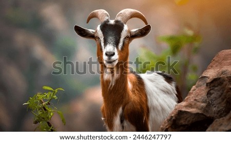 brown and white goat standing next to a gray rock. The goat has short horns and is chewing on a green plant. Royalty-Free Stock Photo #2446247797