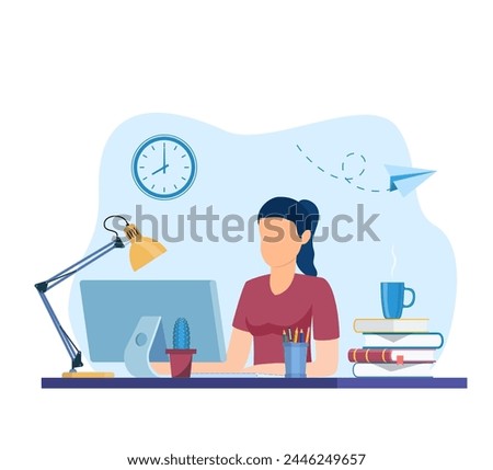 woman working on internet using laptop and drinking coffee. work at home. education or working concept. Table with books, lamp, coffee cup. Vector illustration in flat style