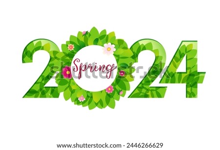 Creative green logo 2024 with flowers and leaves. Modern design. Number background with isolated clipping mask. Happy spring or hello summer concept. Horizontal label. Special offer template.