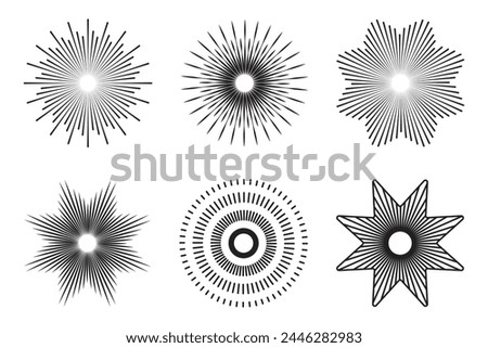 Set of Sunburst design elements. Abstract line circle vector. Sun rise light round decoration elements. Radial sunburst. Circular beams vector.    Vector illustration. Royalty-Free Stock Photo #2446282983