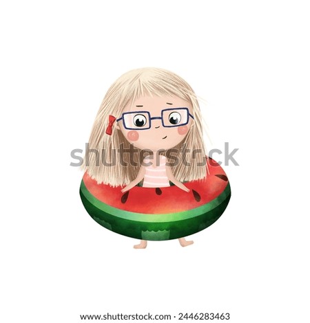 Cartoon girl in bright glasses and inflatable watermelon circle want swim. Summer clip art isolated