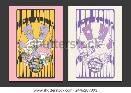retro 60s posters with illustrations of flowers and mushrooms, vector illustration