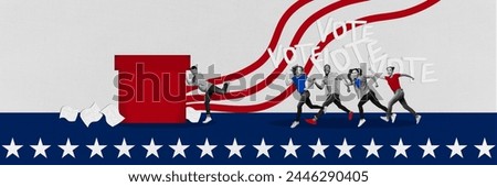 Panoramic creative collage picture happy excited running people voters rush hurry deadline miss election poll referendum
