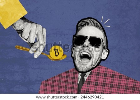 Composite photo collage of hand spoon feed bossy man eat bitcoin token money income profit meal nutrition isolated on painted background