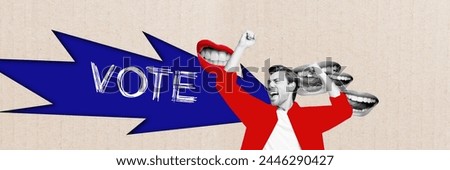 Panoramic creative collage picture happy cheerful man celebrate victory election voters mouths psychedelic caricature referendum Royalty-Free Stock Photo #2446290427