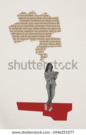 Vertical photo collage of serious girl editor stand hold tablet read online article technology text box isolated on painted background