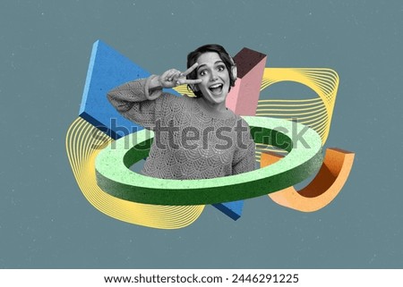 Creative collage photo picture young girl showing peace gesture celebrate good mood positive 3d figures drawing background