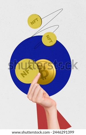 Vertical collage picture human hand holding golden coins tokens trader nft millionaire earnings crypto profit drawing doodles