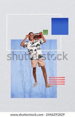 Composite collage picture image of funny male listen music have fun hold boombox retro musician fantasy billboard comics zine