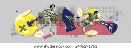 Composite collage picture panorama image of running people hurry earning money working people career fantasy billboard comics zine minimal