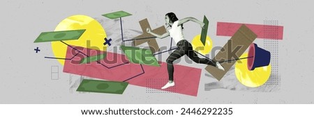 Composite collage picture panorama image of running woman earning money working people career fantasy billboard comics zine minimal