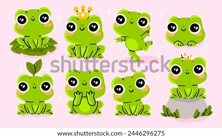 Collection of Vector Cartoon Hand draw Art. Set of Kawaii Isolated Amphibian and Cute Frogs Illustrations for Prints for Clothes, Stickers,  Coloring Pages.