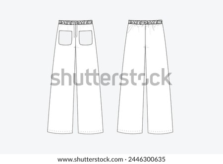 Vector fashion sketch trousers,  trousers technical drawing, fashion CAD, flat, template, pants with pocket. Casual pants with front, back view, white color