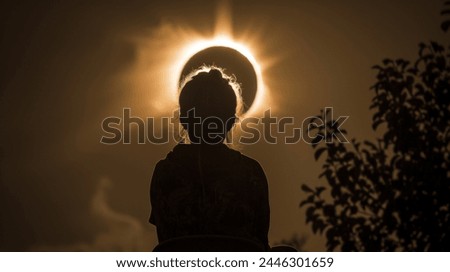 silhouette of person looking at the sight of a solar eclipse, rear view Royalty-Free Stock Photo #2446301659