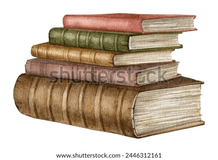 Watercolor book illustration set,  vintage books clipart, Stack of books isolated on white background, Academy illustration.Antique literature.Library clip art.Bouquinistes, education symbol